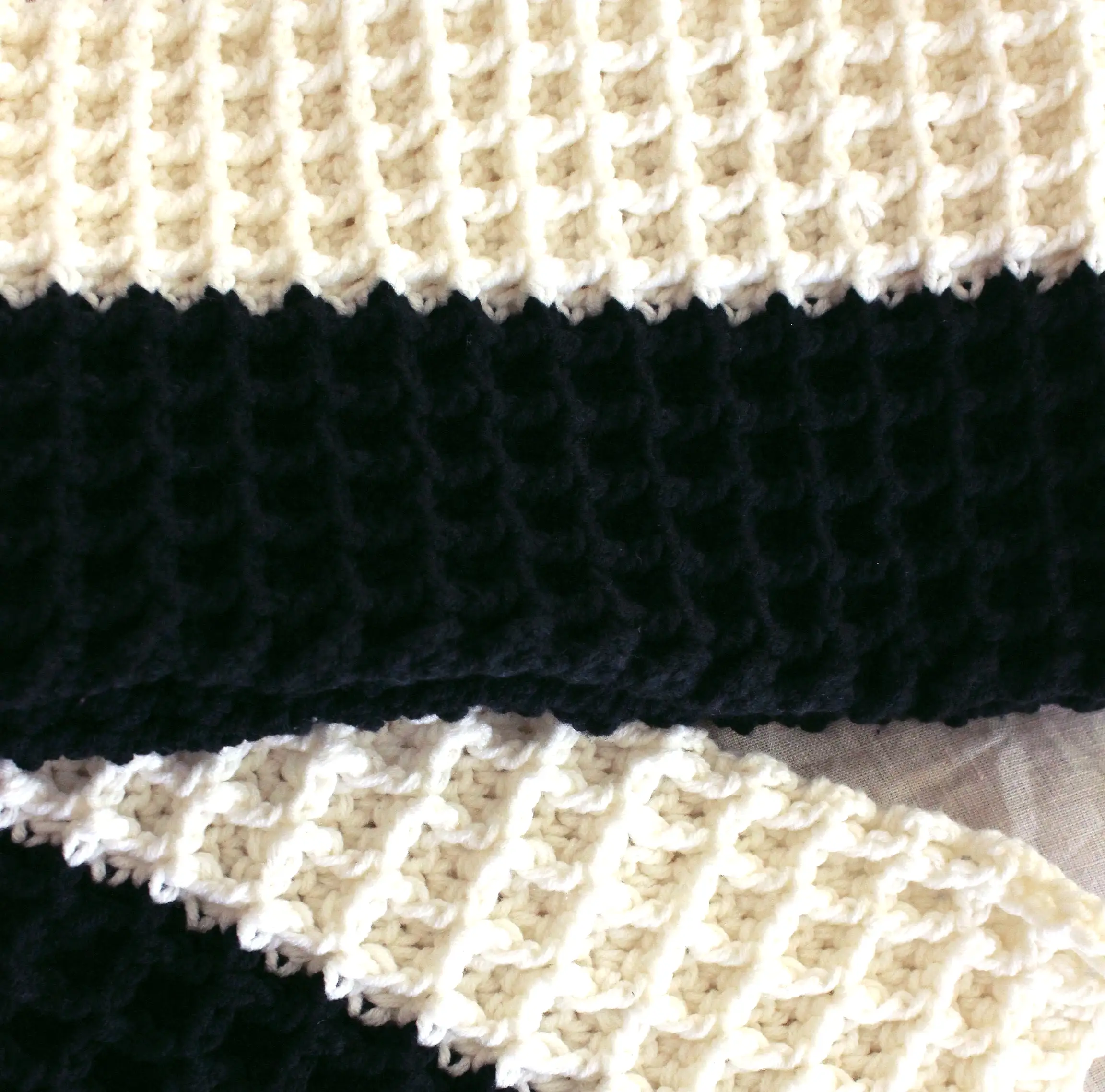 Waffle Crochet Scarf in Black & Off White