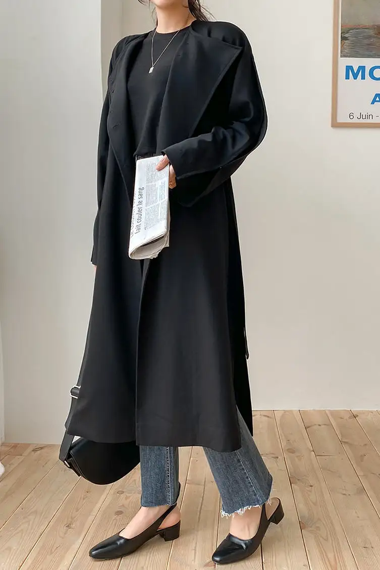 White Black Two-way wear Sophisticated Sheer Long Trench Coats Belted For Womens Loose Fit Outerwear Spring Autumn Korean Drama 