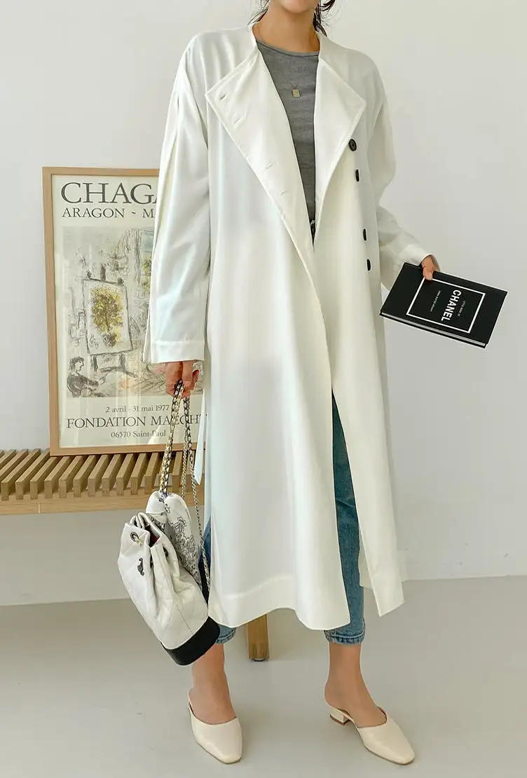 White Black Two-way wear Sophisticated Sheer Long Trench Coats Belted For Womens Loose Fit Outerwear Spring Autumn Korean Drama 