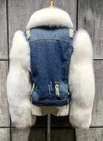 White Fox Fur Trimmed Ripped Denim Jacket