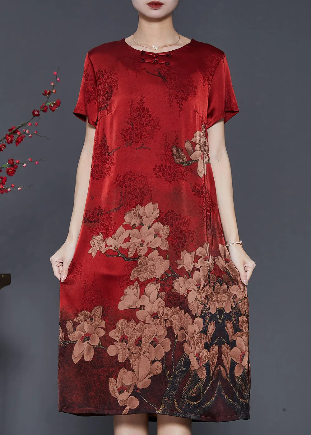 Women Mulberry Print Silk Oriental Dresses Summer