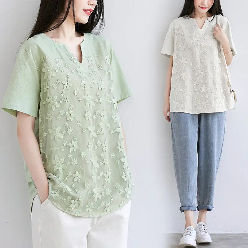 Women's lace embroidered short-sleeved tops