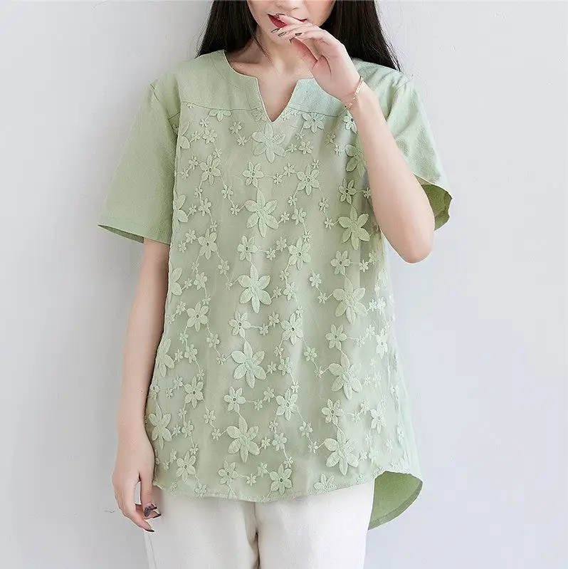 Women's lace embroidered short-sleeved tops