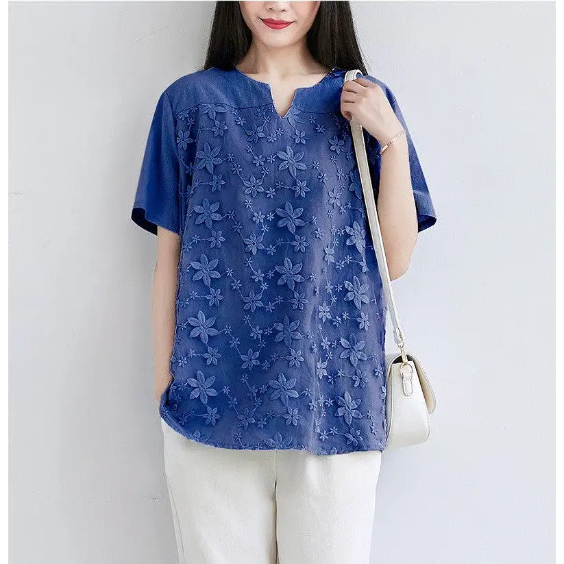 Women's lace embroidered short-sleeved tops