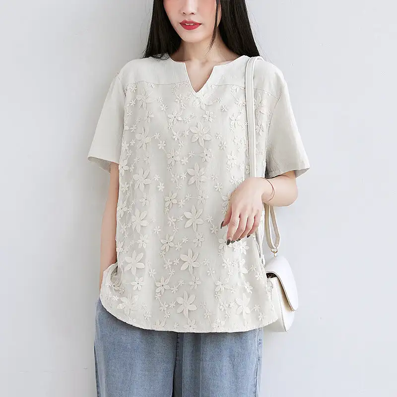 Women's lace embroidered short-sleeved tops