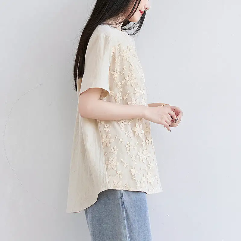 Women's lace embroidered short-sleeved tops