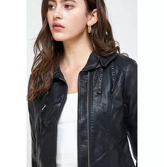 Women's Vegan Leather Biker Moto Jacket With Buckles