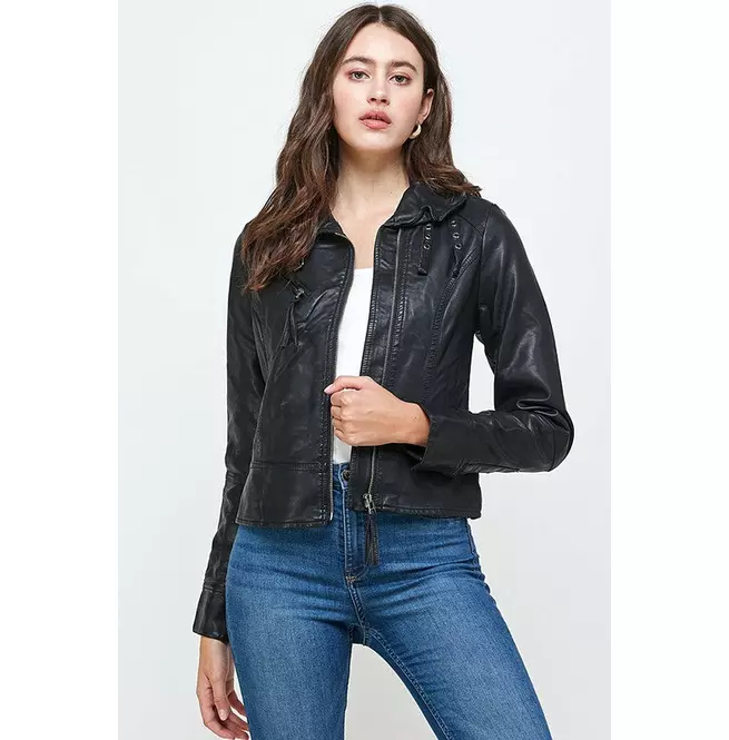 Women's Vegan Leather Biker Moto Jacket With Buckles