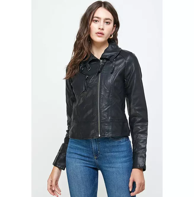 Women's Vegan Leather Biker Moto Jacket With Buckles