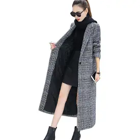 Women's Wool Coat Plaid Classics Female Loose Long Single Breasted Coats