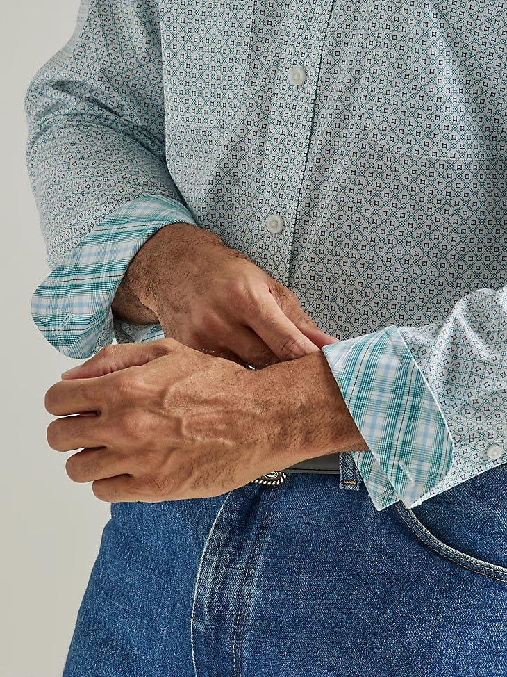 'Wrangler' Men's George Strait Print Button Down - Teal Chain